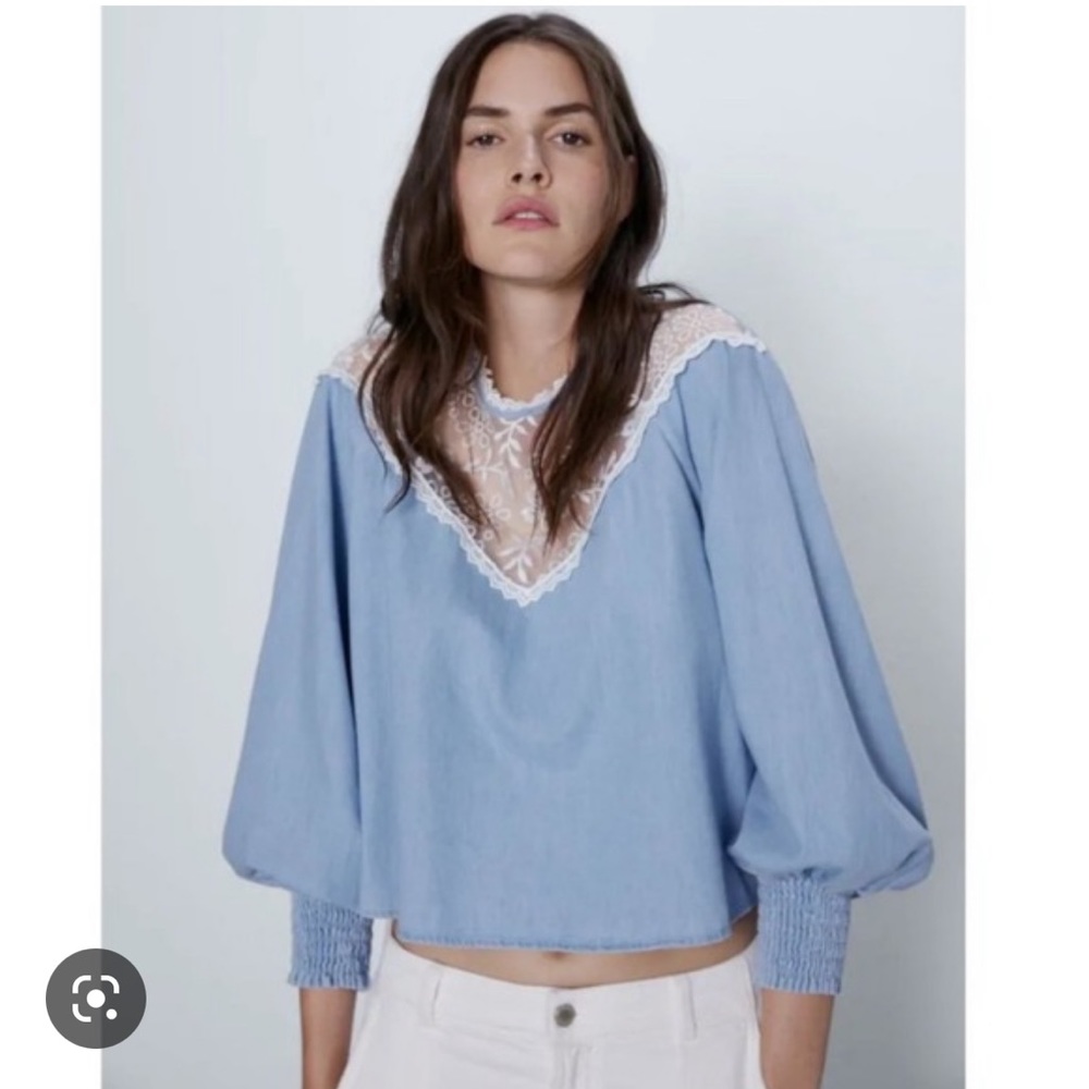 Zara oversized embroidered denim shirt blouse size Small S